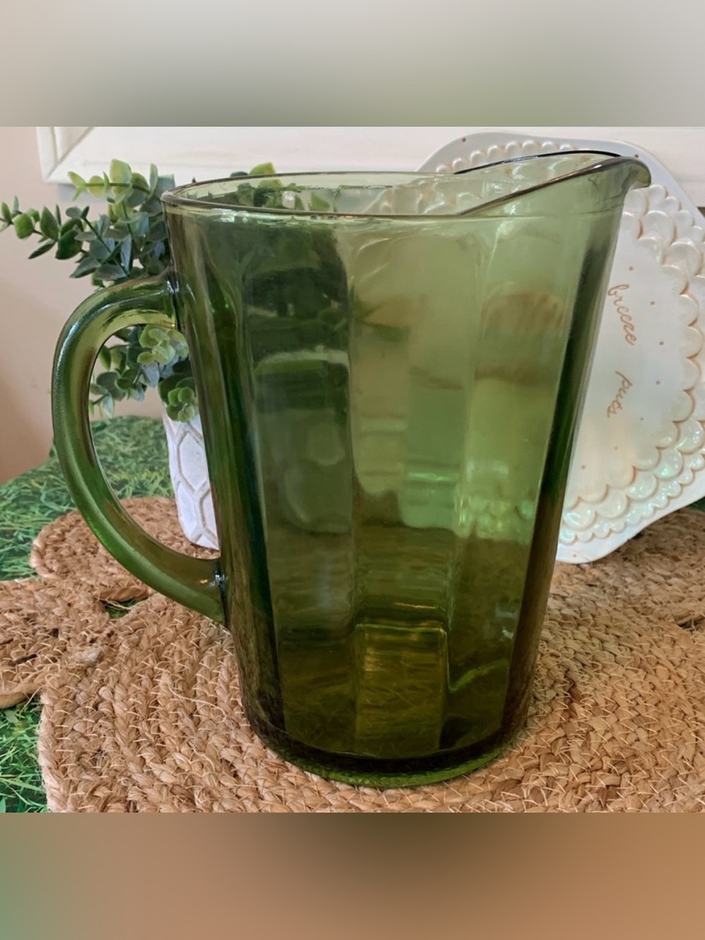 Vintage Hazel Atlas avocado Green Glass Pitcher, EUC